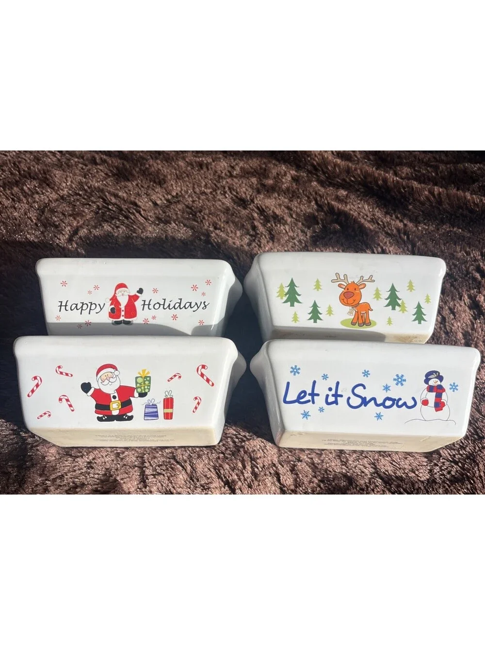 Title:HOLIDAY BAKE! Christmas Mini Loaf Pans Set 4 Ceramic Dishes Santa Snowman